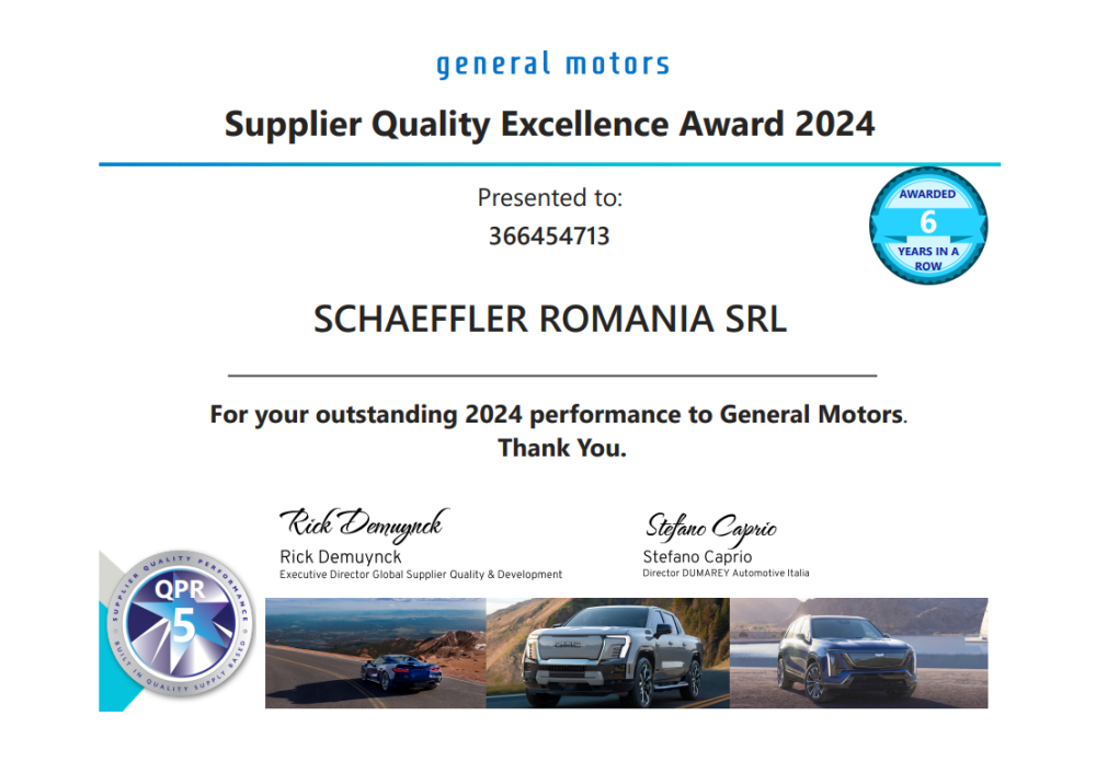 Distincția „Supplier Quality Excellence Award” oferită de General Motors recunoaște nivelul înalt de performanță al Fabricii Automotive din Cristian, Brașov